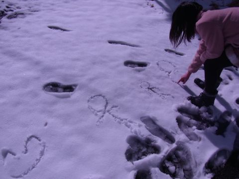 地面に残った雪に絵を描く