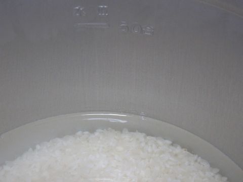 そして2.5合の米に対して2.5合の目印のところまで水を入れて、30分～1時間ほど水に漬けておきます。（夏は30分、冬は1時間ほど）